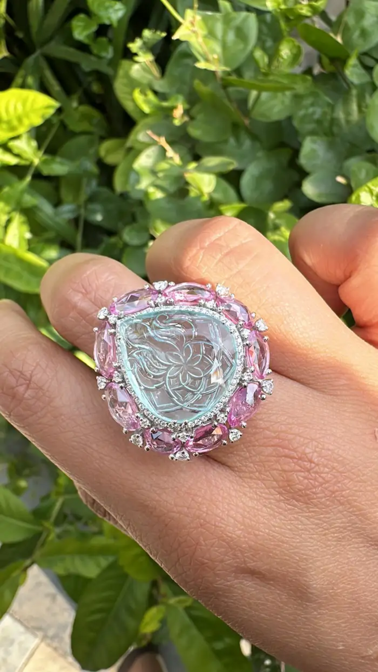 Carved Aquamarine & Pink Sapphire Gemstone Handmade Ring - Solid 18k White Gold Diamond Statement Ring