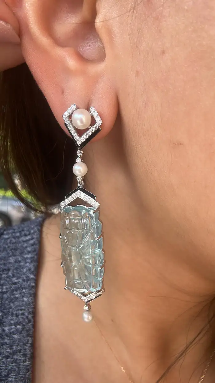 Handmade 18k White Gold Dangle Earrings - Natural Diamond & Carved Aquamarine Gemstone Earrings - Freshwater Pearl, Black Enamel Earrings