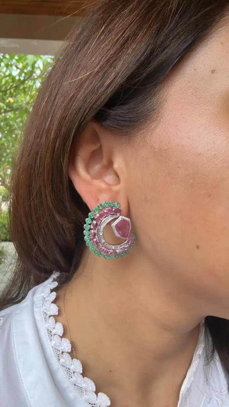 11.33 Ct. Pink Sapphire & Emerald Gemstone Stud Earrings - 18k White Gold Diamond Earrings