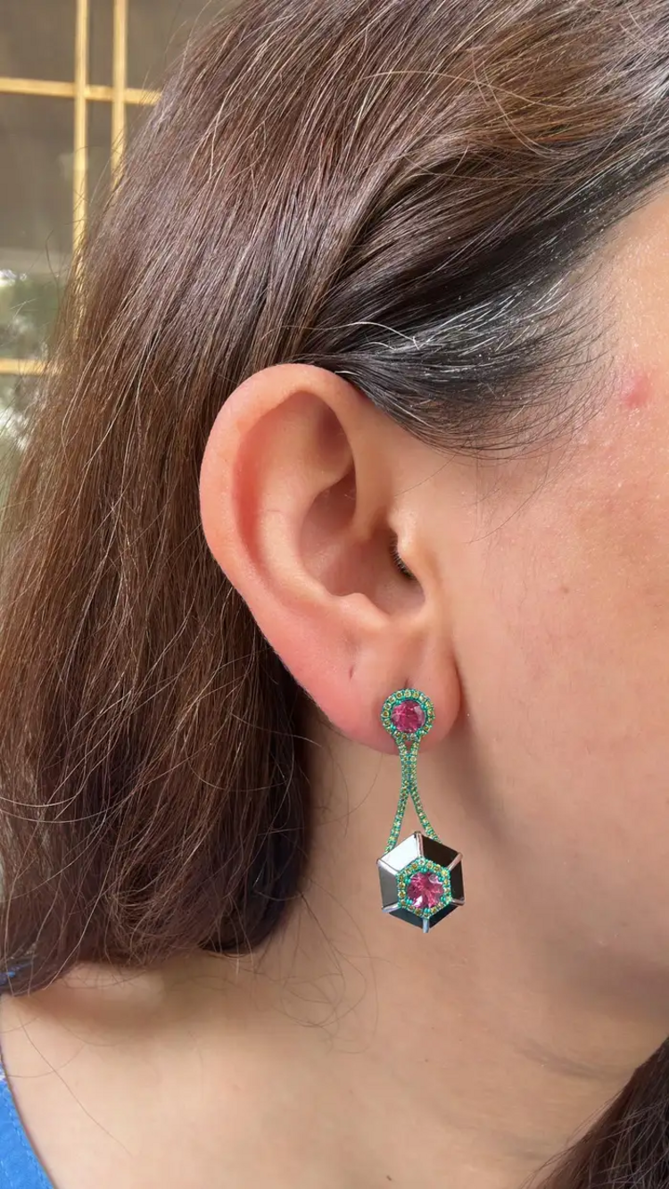 Green Rhodium 18k Gold Diamond Dangle Earrings - Natural Tourmaline & Black Onyx Stud Earrings