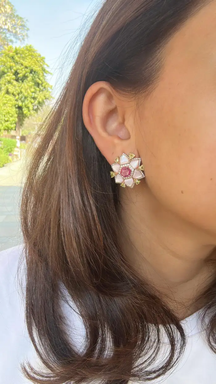 Natural Mozambique Ruby & Pearl Stud Earrings - 18k Rose Gold Yellow Diamond Earrings