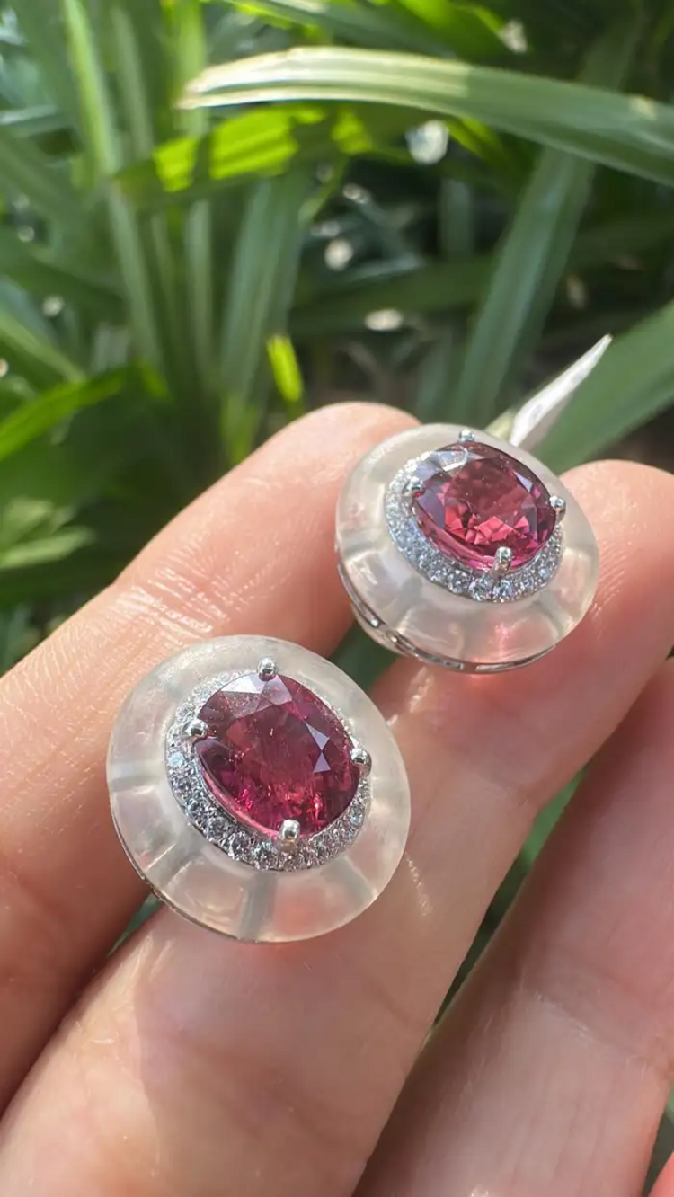 18k White Gold Diamond Stud Earrings - Natural Rubellite & Rock Crystal Earrings