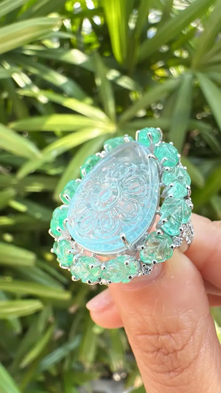 Carved Aquamarine & Zambian Emerald Cocktail Ring - 18k White Gold Handmade Diamond Ring