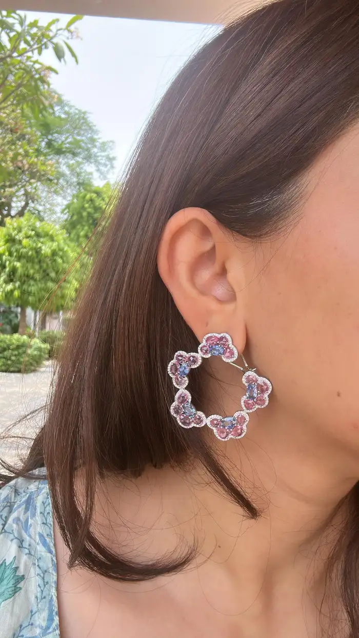 Natural Ceylon Blue & Pink Sapphire Gemstone Hoop Earrings - 18k White Gold Diamond Women Earrings