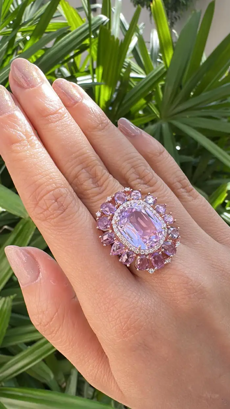Natural Kunzite & Pink Sapphire Cocktail Wedding Ring - 18k Rose Gold Diamond Statement Ring