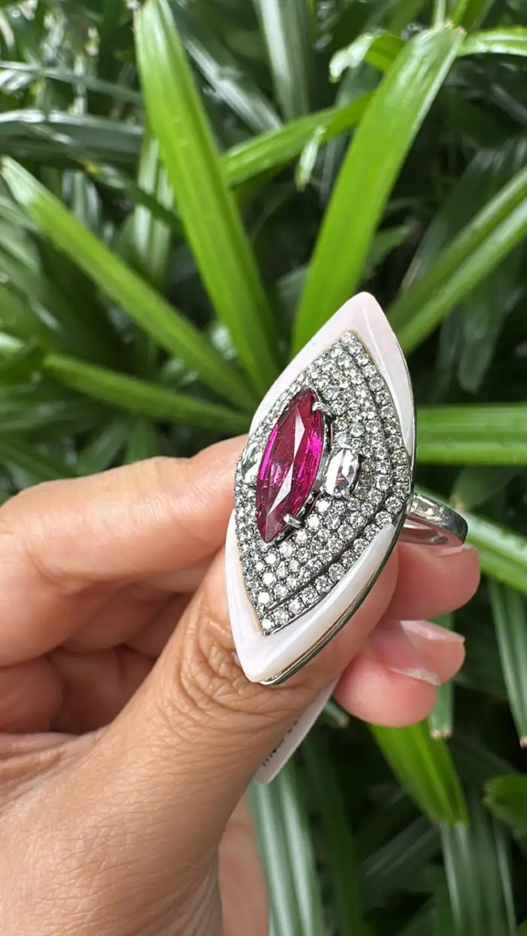 18k White Gold Diamond Handmade Ring - Natural Rubellite & Pink Opal Statement Ring