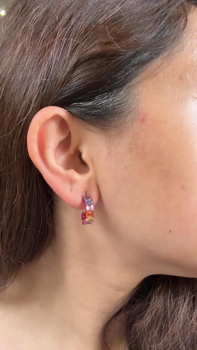 18k White Gold Half Hoop Earrings - Natural Ceylon Multi Sapphire Tiny Earrings