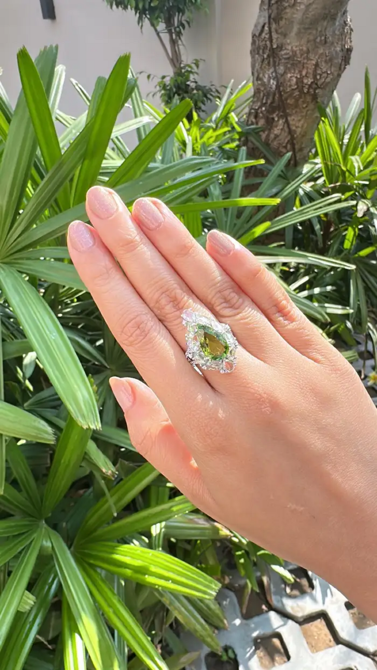 Natural Tourmaline & White Sapphire Ring - 18k White Gold Diamond Handmade Ring