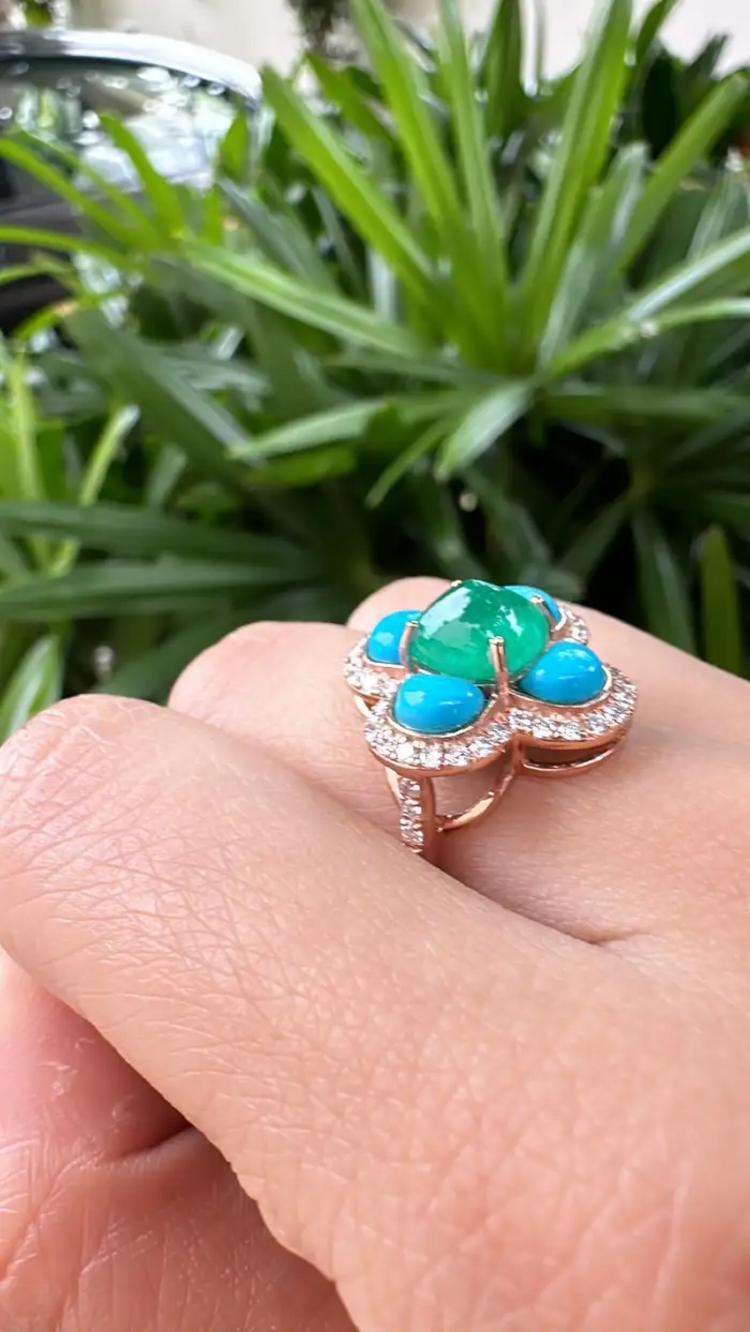 18k Rose Gold Diamond Handmade Ring With Natural Zambian Emerald & Turquoise