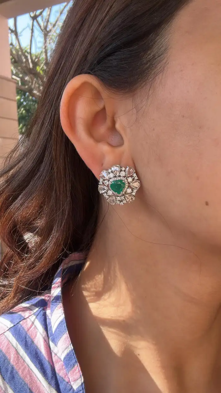 Natural Heart Shape Zambian Emerald Stud Earrings - 18k White Gold Rose Cut Diamond Tiny Earrings