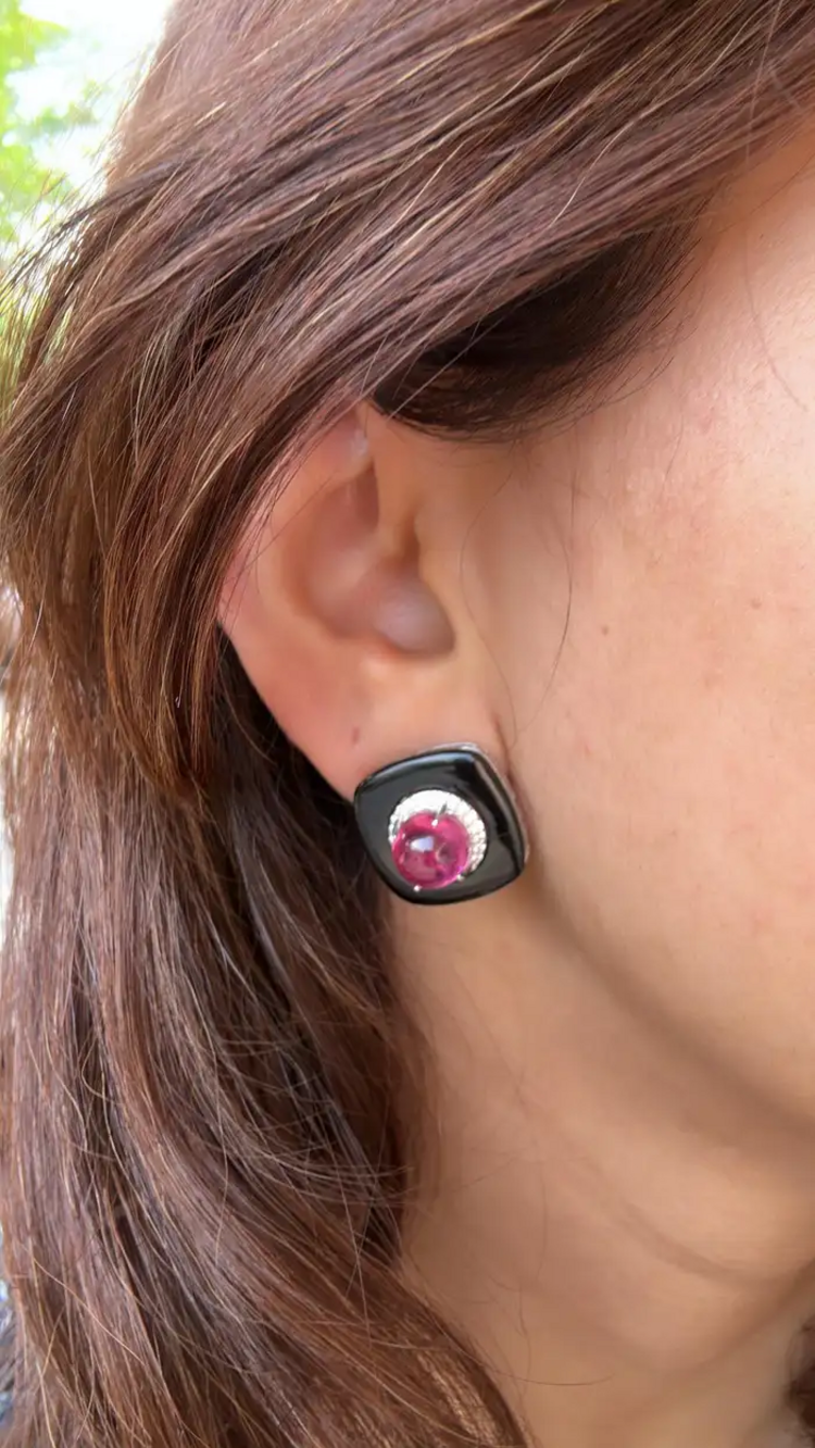 18k White Gold Diamond Stud Earrings - Natural Rubellite & Black Onyx Daily Wear Earrings