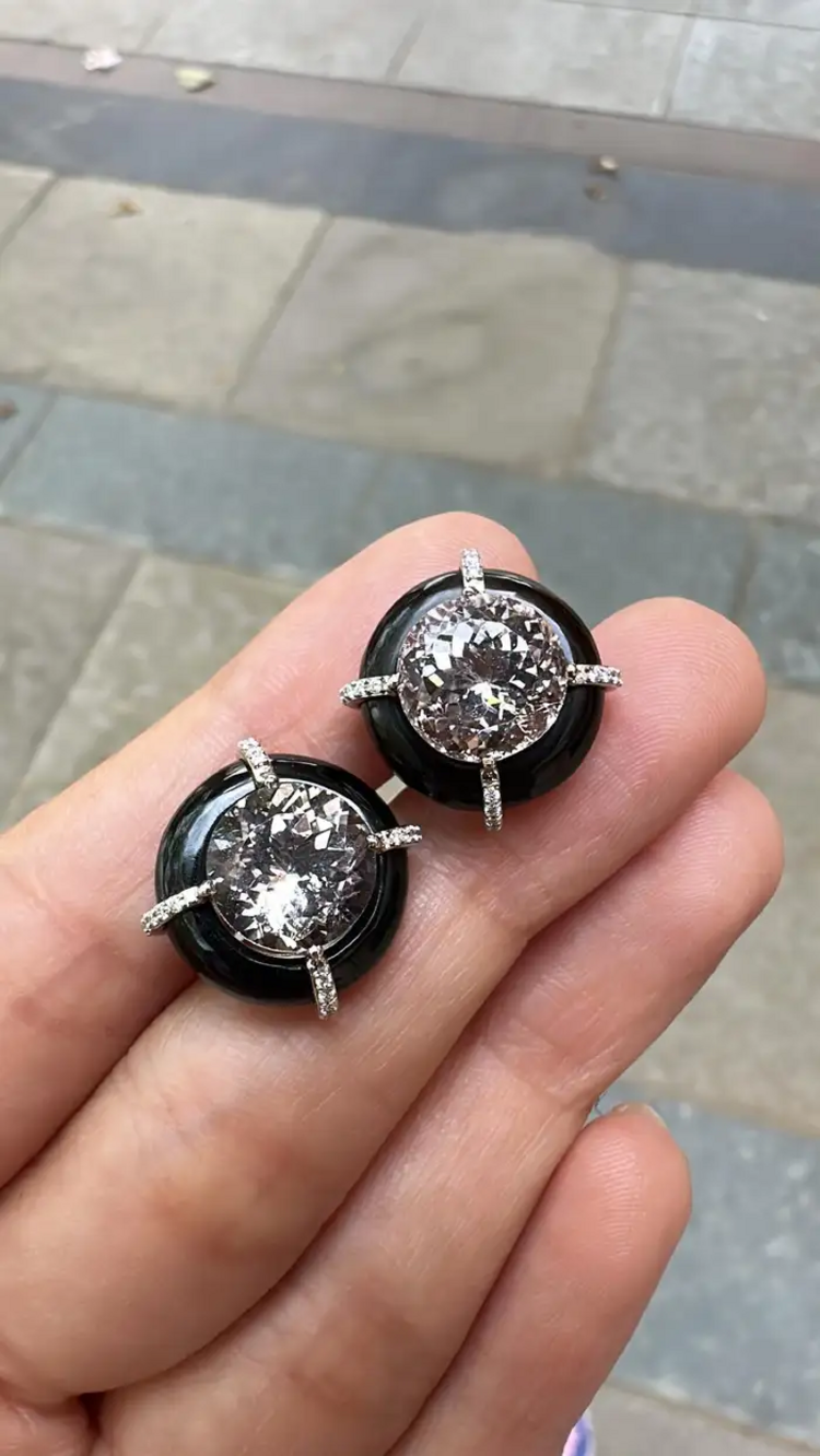 Natural Morganite & Black Onyx Stud Earrings - 18k Gold Diamond Round Tiny Stud Earrings