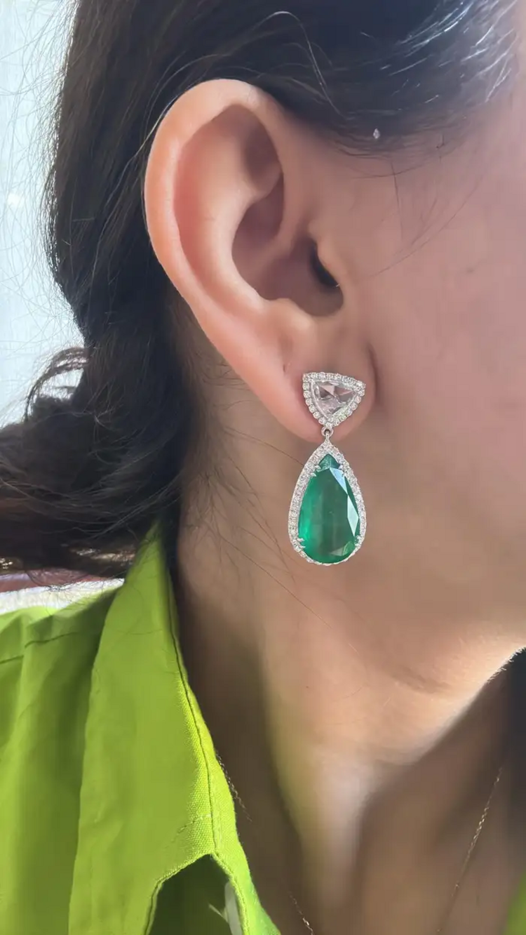 Solid 18k White Gold Handmade Dangle Earrings - Natural Zambian Emerald & Rose Cut Diamond Drop Dangle Women Earrings
