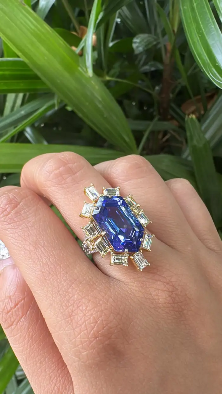 18k White Gold Yellow Diamond Engagement Ring - Natural Hexagon Cut Tanzanite Statement Ring