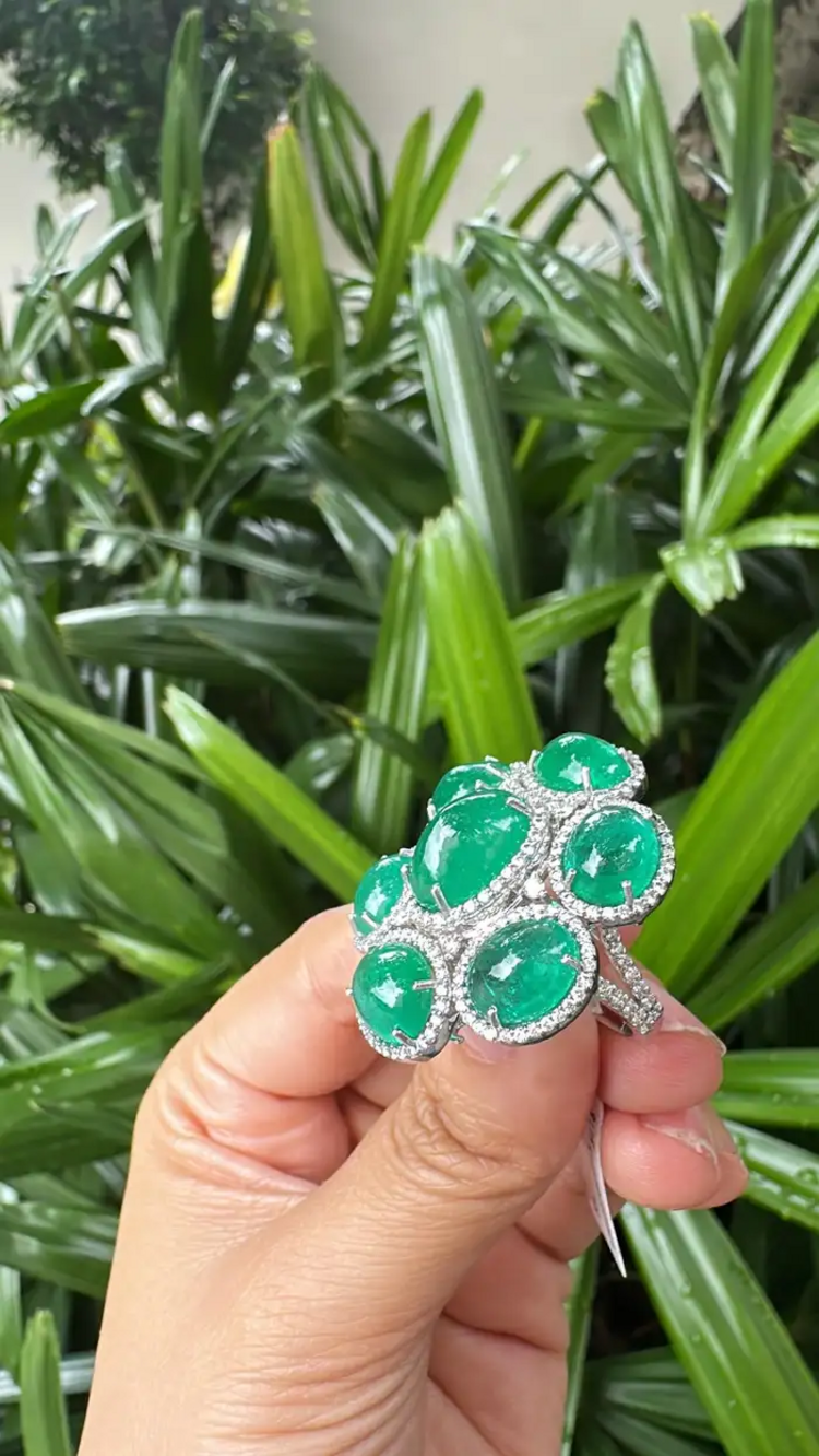 18k White Gold Diamond Statement Ring - Natural Cabochon Emerald Gemstone Ring