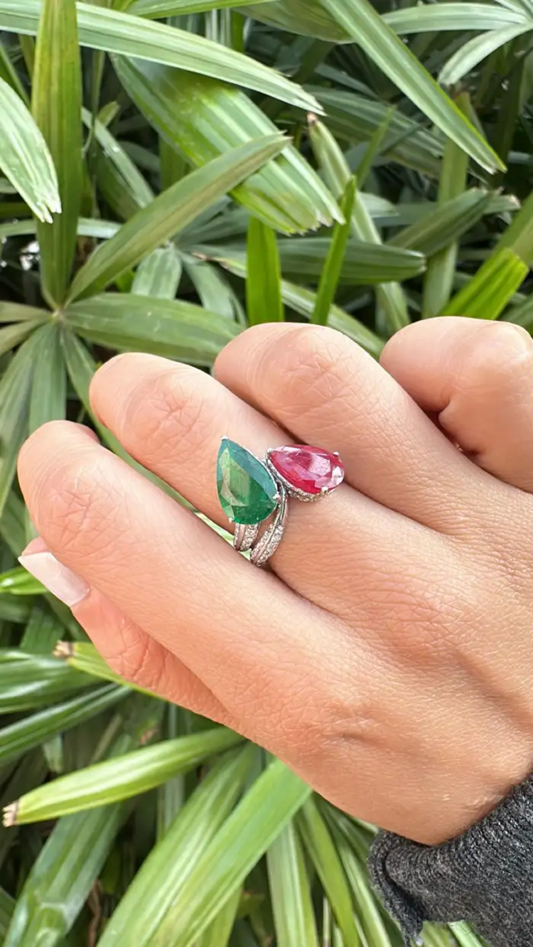 Natural Pear Shape Zambian Emerald & Mozambique Ruby Wedding Ring - 18k White Gold Diamond Ring