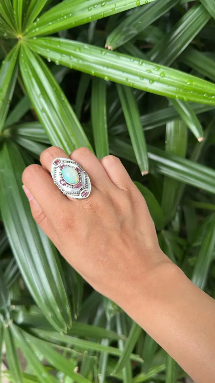 Ethiopian Opal, Mother Of Pearl & Pink Sapphire Cocktail Ring - 18k White Gold Diamond Statement Ring