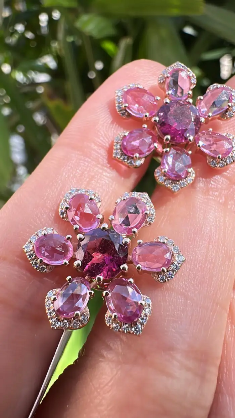 Natural Ceylon Pink Sapphires & Tourmaline Gemstone Floral Stud Earrings - 18k Rose Gold Diamond Earrings