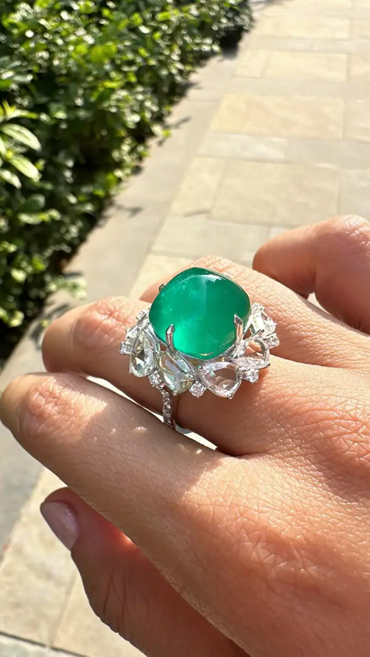 17.79 carats, natural Zambian Emerald Sugarloaf & Rose Cut Diamond Cocktail Ring