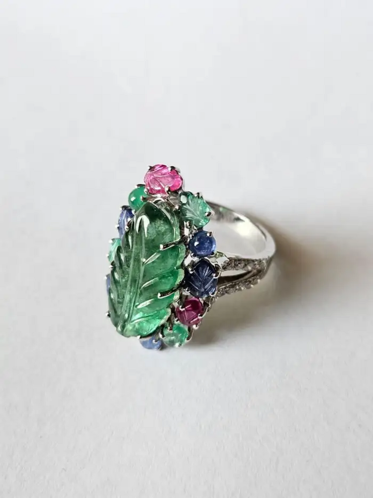 18k White Gold Handmade Cocktail Ring - Natural Emerald, Blue Sapphires, Ruby & Diamonds Cocktail Ring