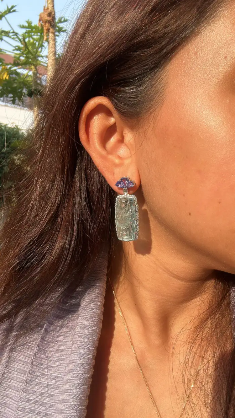 41.37 Ct. Carved Aquamarine Dangle Earrings - 18k White Gold Handmade Earrings - Trillion Cut Tanzanite Earrings