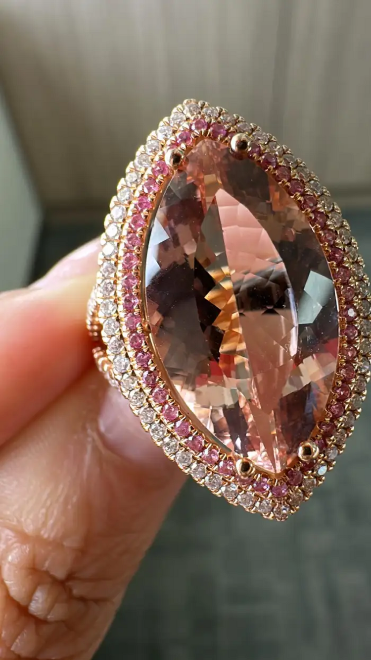 18k Rose Gold Diamond Cocktail Ring - Natural Morganite & Pink Sapphire Gemstone Ring