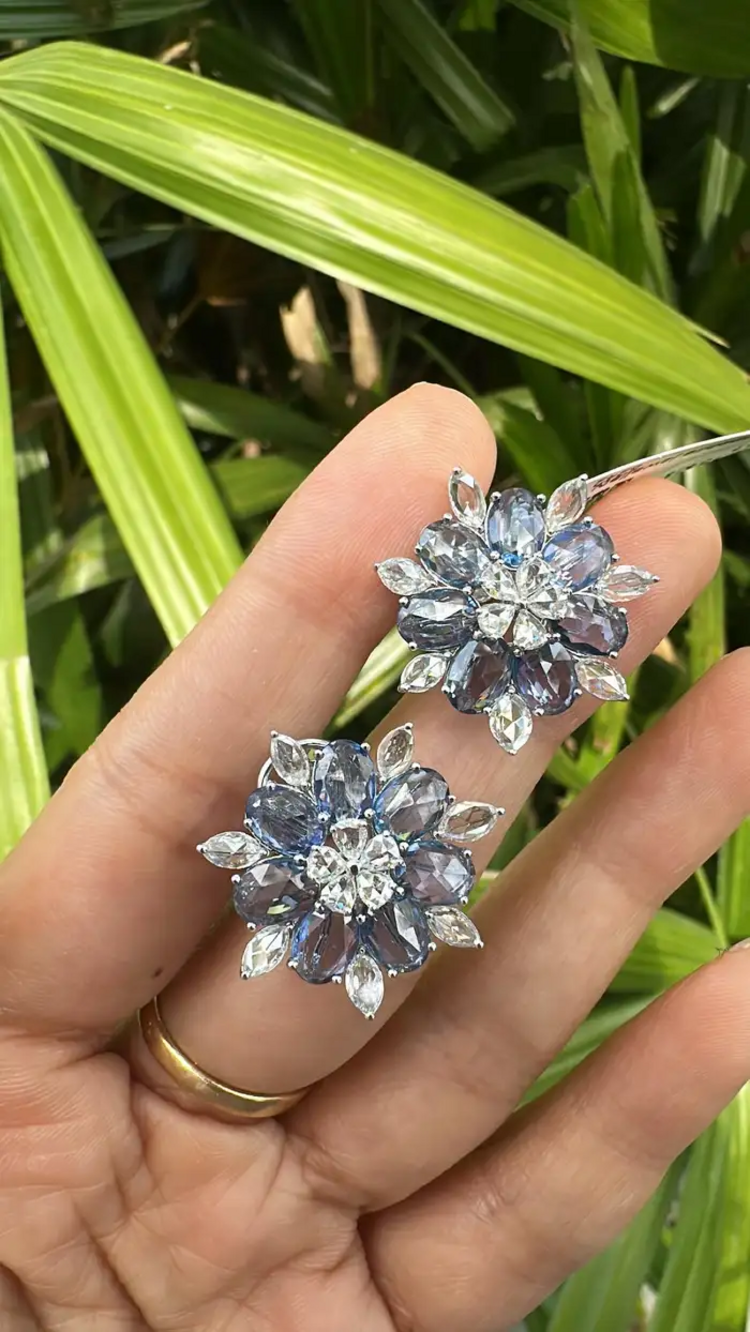 18k White Gold Rose Cut Diamond Stud Earrings - Natural Blue Sapphire Gemstone Earrings