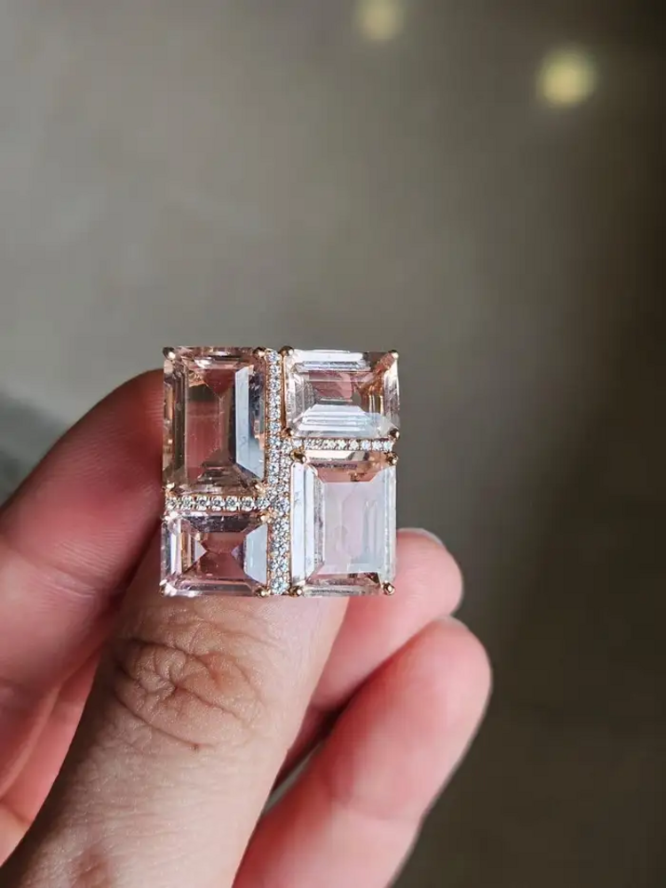 Natural Morganite Gemstone Cocktail Ring - 18k Rose Gold Diamond Ring