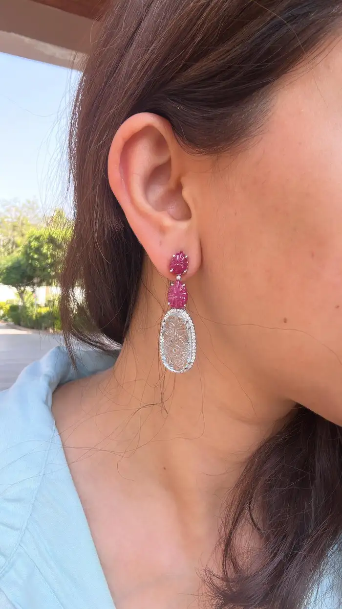 Natural Mozambique Ruby & Aquamarine Gemstone Dangle Earrings - 18k White Gold Diamond Earrings
