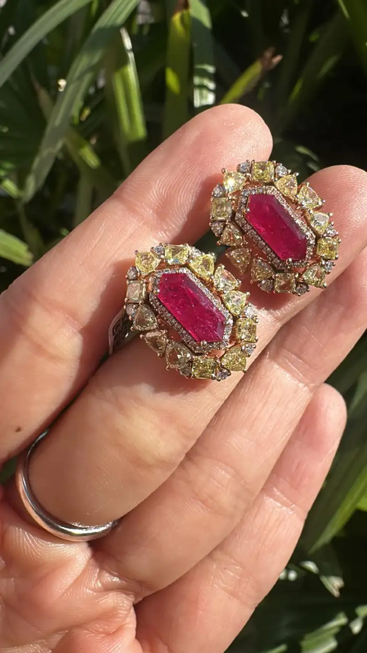18k Rose Gold Yellow Diamond Stud Earrings - Natural Mozambique Ruby Tiny Earrings