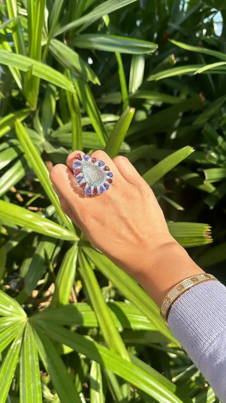 Natural Rubellite, Tanzanite & Carved Aquamarine Gold Ring - 18k White Gold Diamond Big Ring