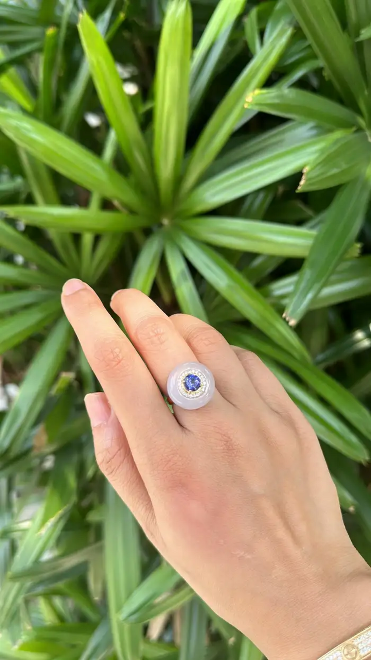 Natural Tanzanite & Chalcedony Gold Ring - 18k Yellow Gold Diamond Cocktail Ring
