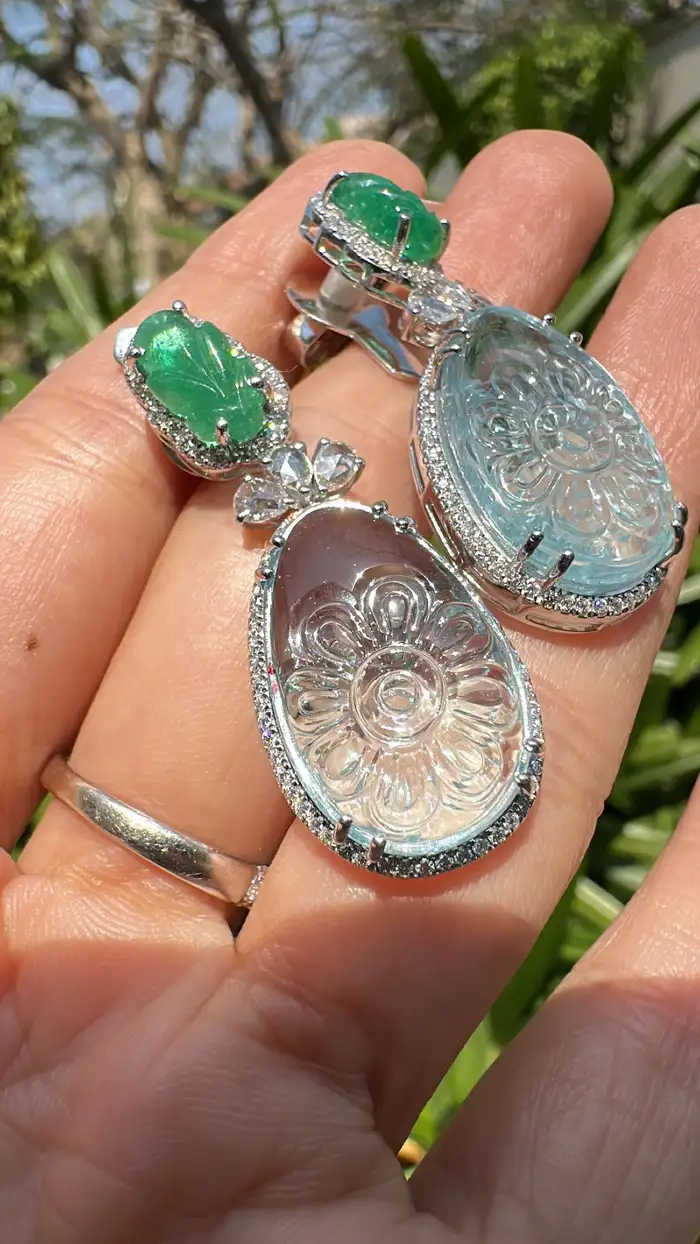 Natural Zambian Emerald & Aquamarine Gemstone Dangle Earrings - 18k White Gold Rose Cut Diamond Earrings