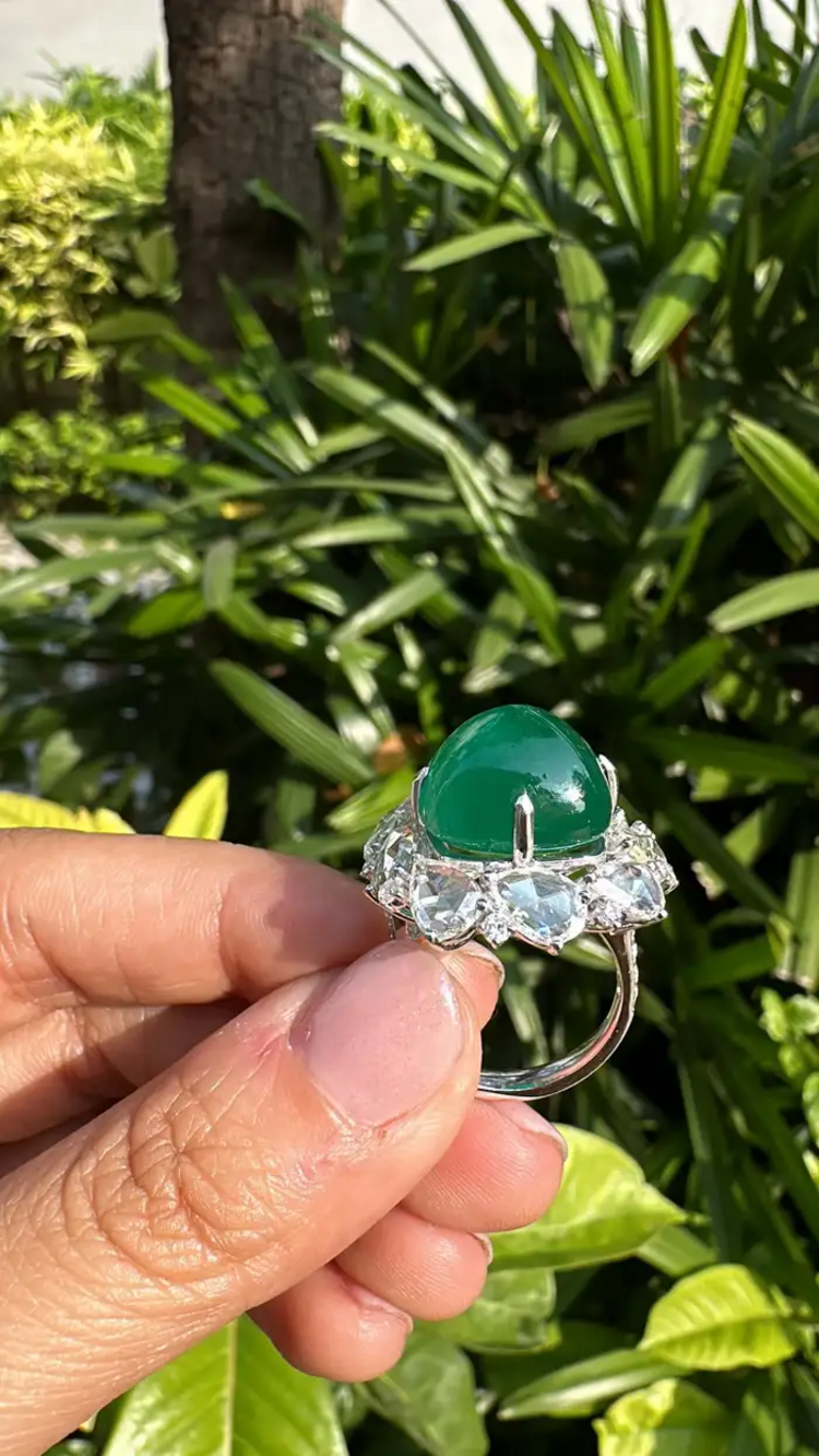 17.79 carats, natural Zambian Emerald Sugarloaf & Rose Cut Diamond Cocktail Ring