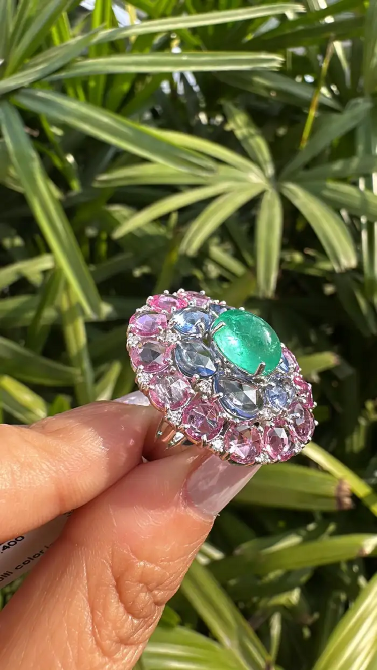 Colombian Emerald & Diamond Cocktail Ring - 18k White Gold Pink & Blue Sapphire Statement Ring