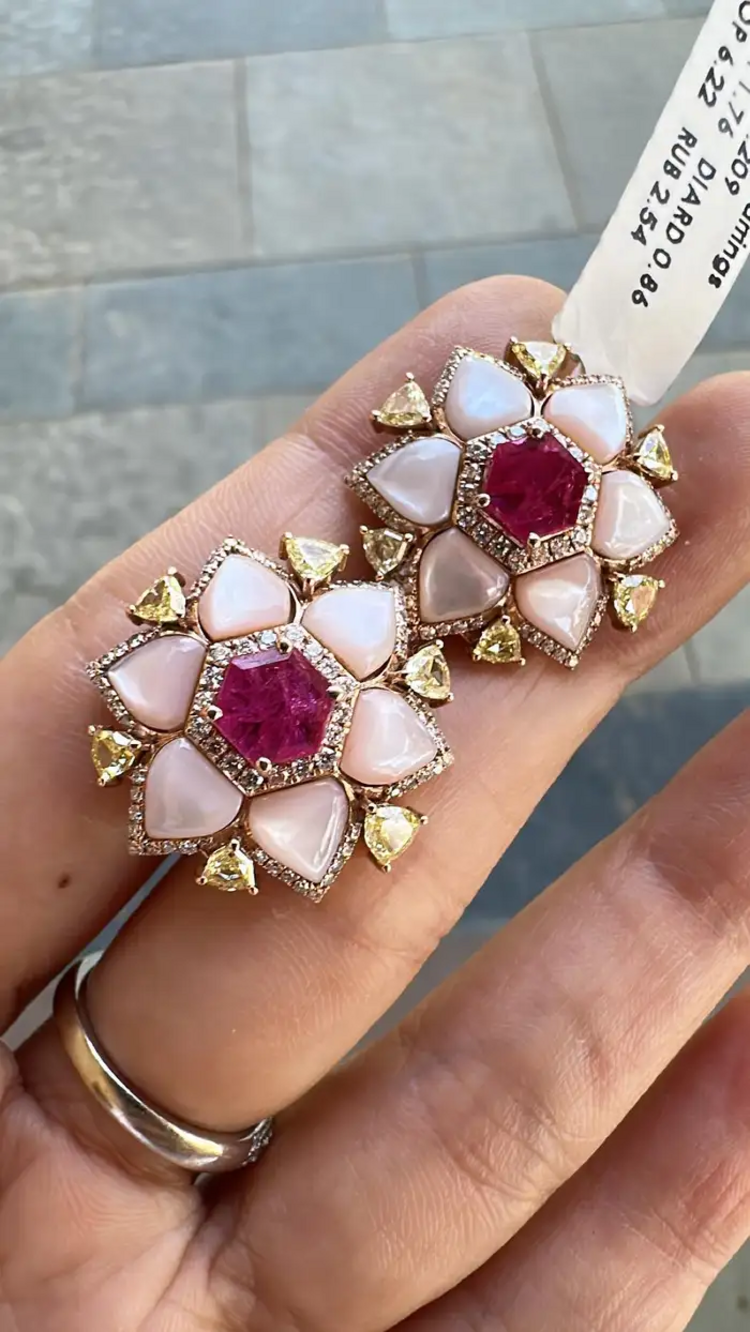 Natural Mozambique Ruby & Pearl Stud Earrings - 18k Rose Gold Yellow Diamond Earrings