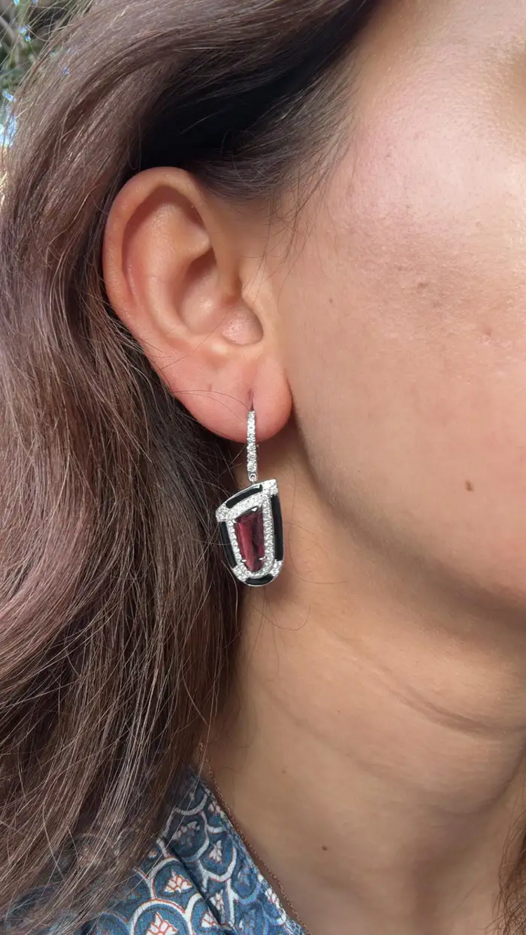 Natural Tourmaline & Black Enamel Earrings - 18k White Gold Diamond Dangle Earrings