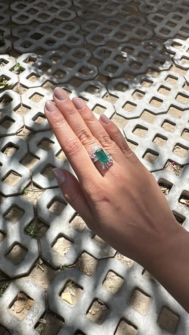 18k White Gold 4.07 Ct. Zambian Emerald Ring - Natural Rose Cut Diamond Engagement Ring