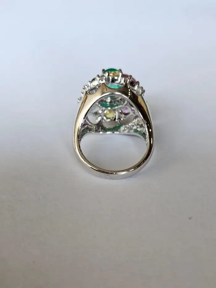 18k White Gold Handmade Diamond Ring - Natural Multi Sapphire, Colombian Emerald Dome Ring