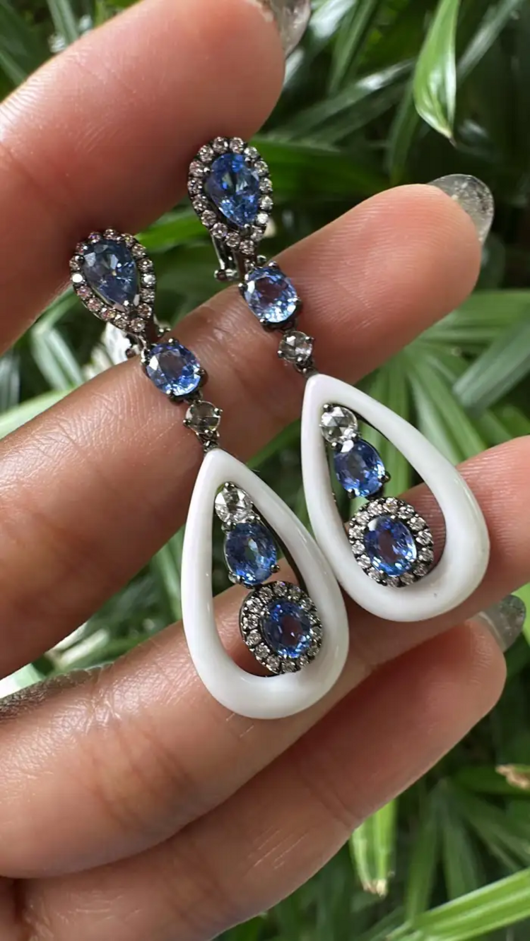 18k White Gold Diamond Dangle Earrings - Natural Blue Sapphire & Onyx Earrings