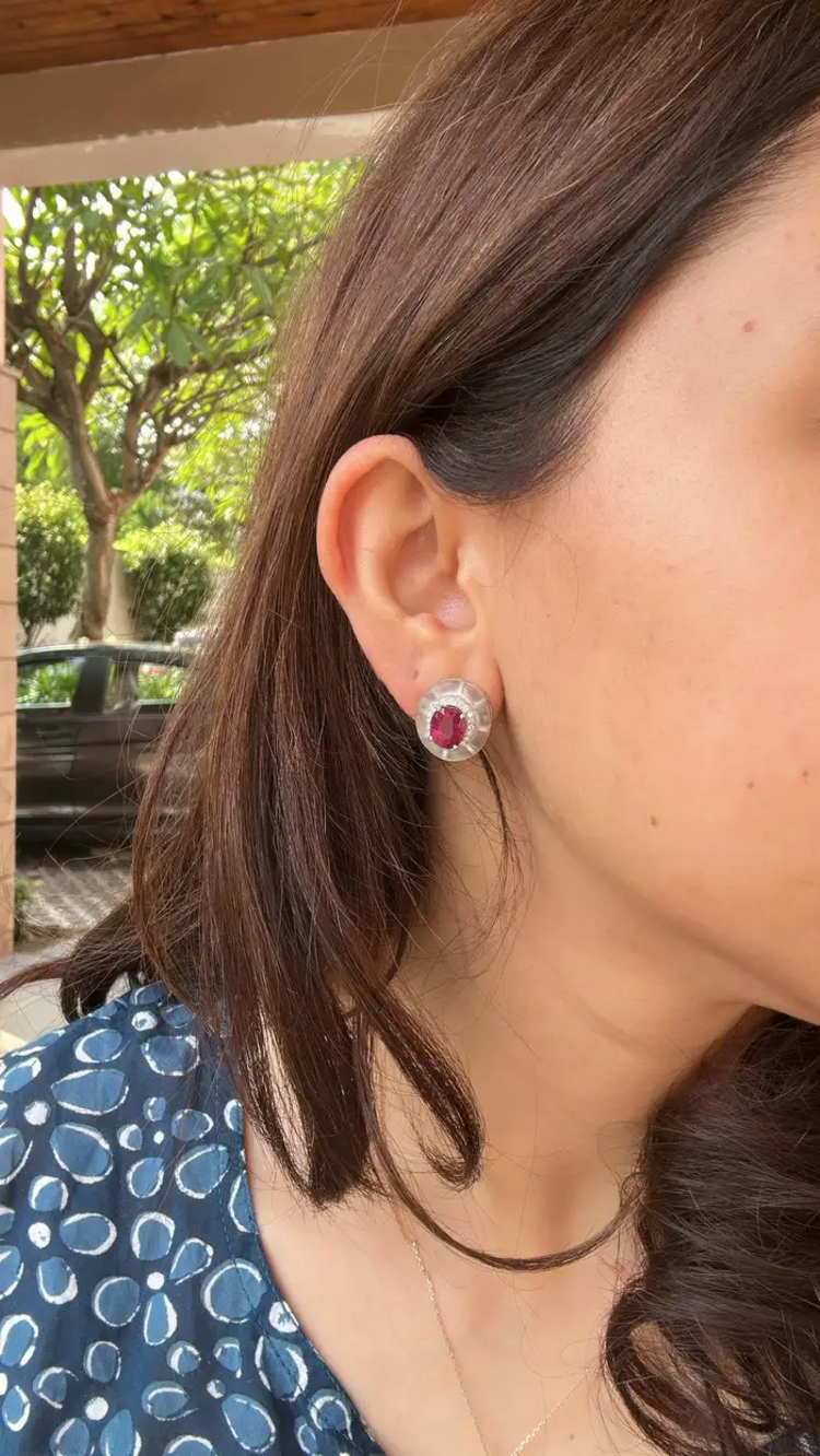 18k White Gold Diamond Stud Earrings - Natural Rubellite & Rock Crystal Earrings