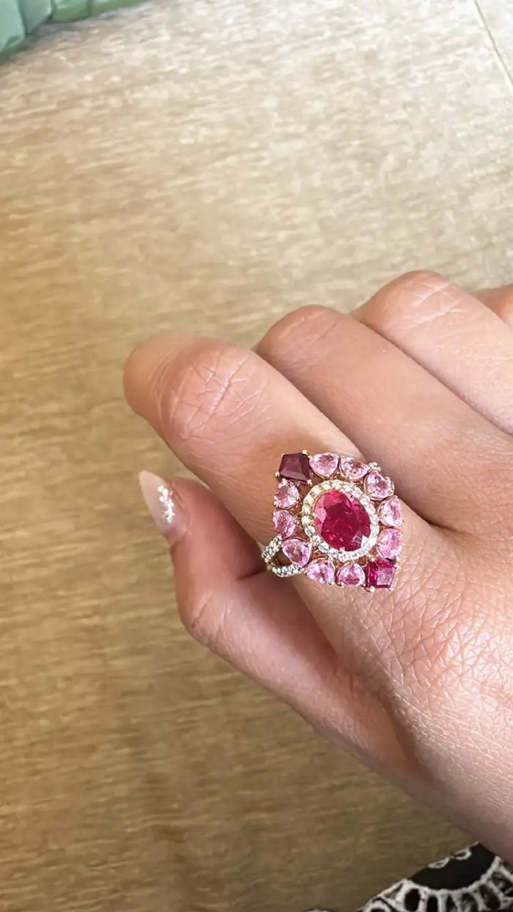 18K Yellow Gold, natural Mozambique Ruby, Pink Sapphire & Diamonds Cocktail Ring