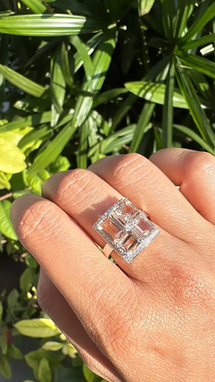 Natural Morganite Gemstone Cocktail Ring - 18k White Gold Handmade Ring With Rose Cut Diamond