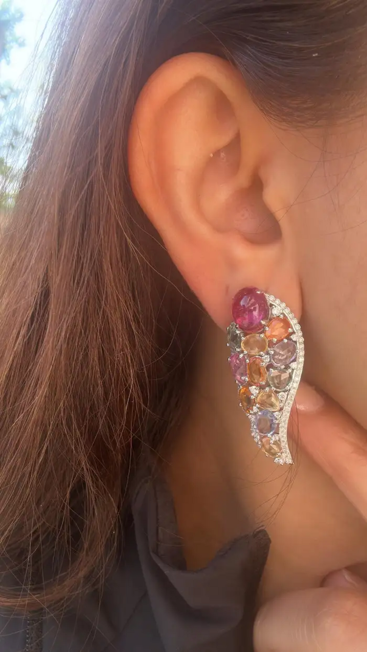 Natural Multi Sapphire & Tourmaline Gemstone Earrings - 18k White Gold Diamond Earrings