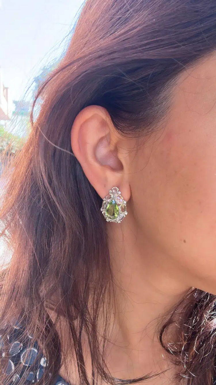 Natural Pear Shape Tourmaline & White Sapphire Stud Earrings - 18k White Gold Diamond Earrings