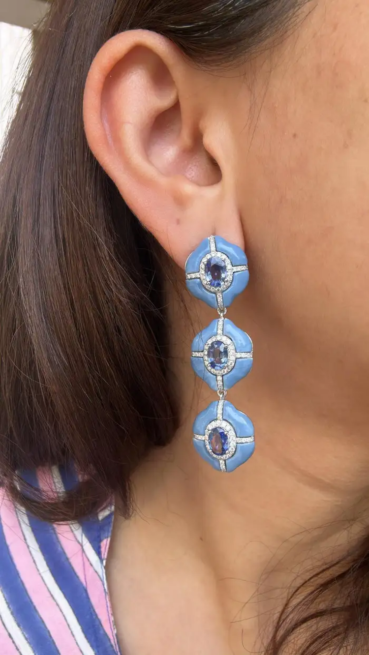 Natural Ceylon Blue Sapphire & Blue Opal Dangle Earrings - 18k White Gold Diamond Women Earrings
