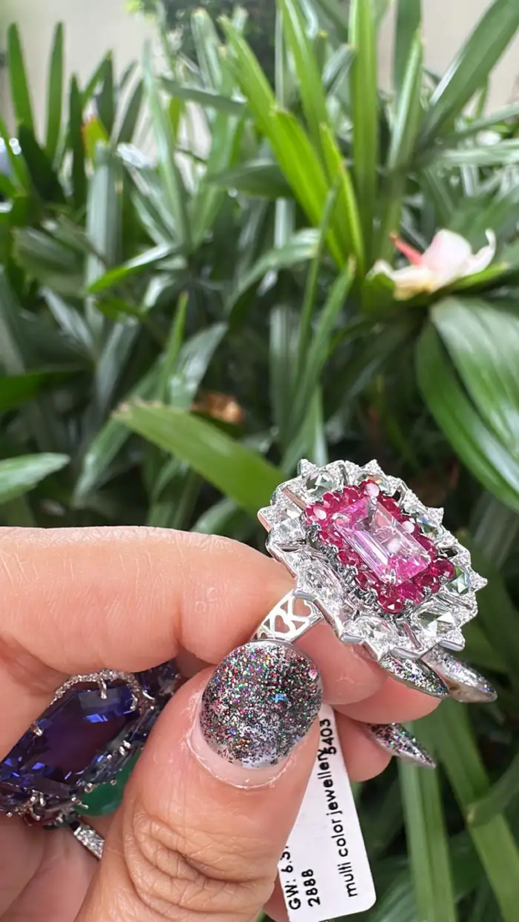 18k White Gold Rose Cut Diamond Cocktail Ring - Natural Ruby & Pink Sapphire Wedding Ring