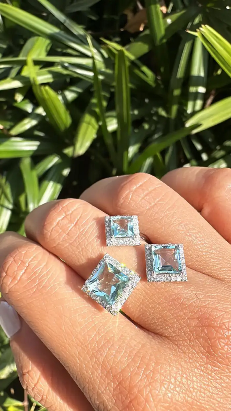 3.80 Ct. Aquamarine Gemstone Three Stone Cocktail Ring - 18k White Gold Diamond Ring