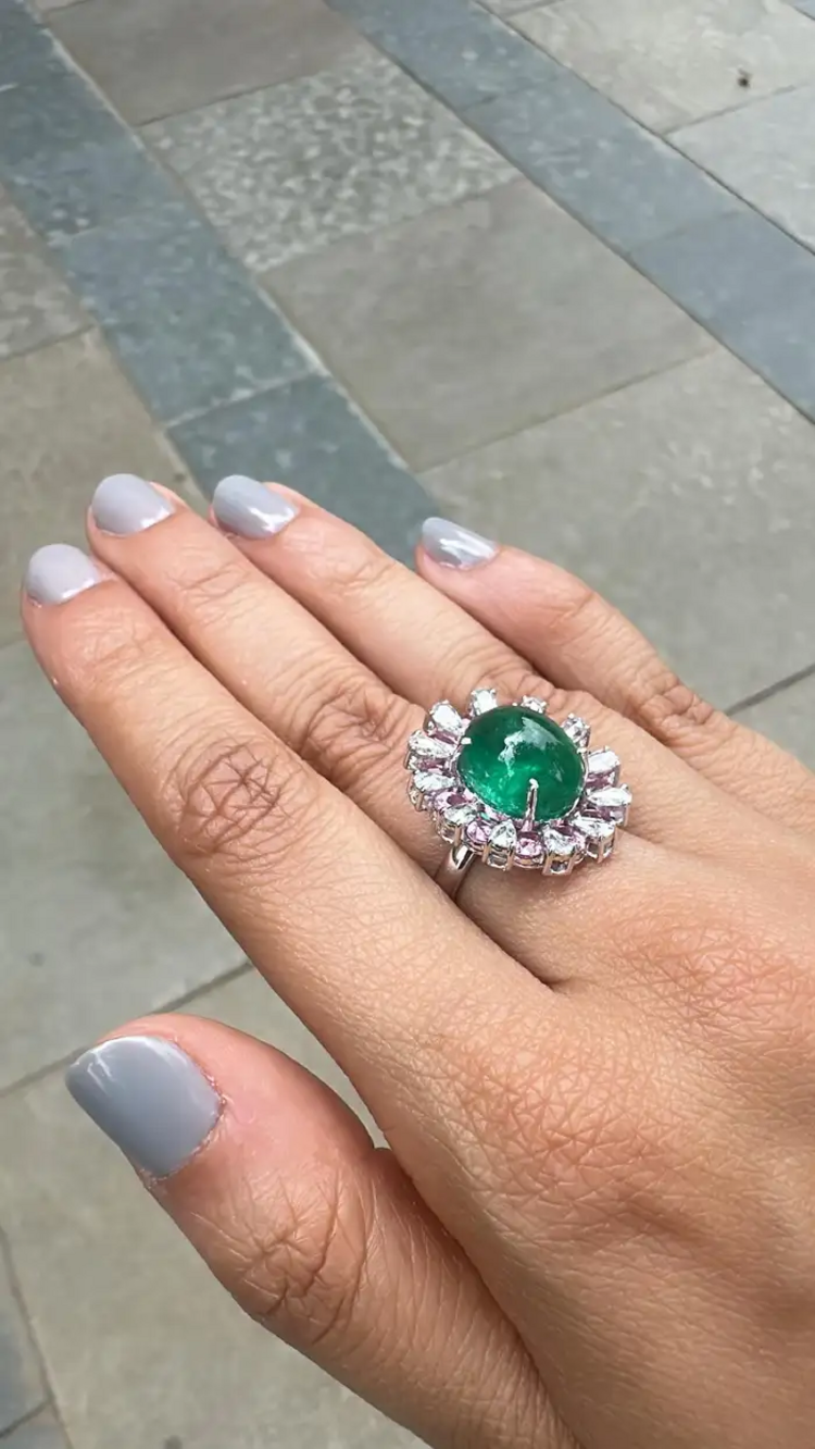 Solid 18k White Gold Handmade Cocktail Ring - Natural Zambian Emerald & Pink Sapphire Ring