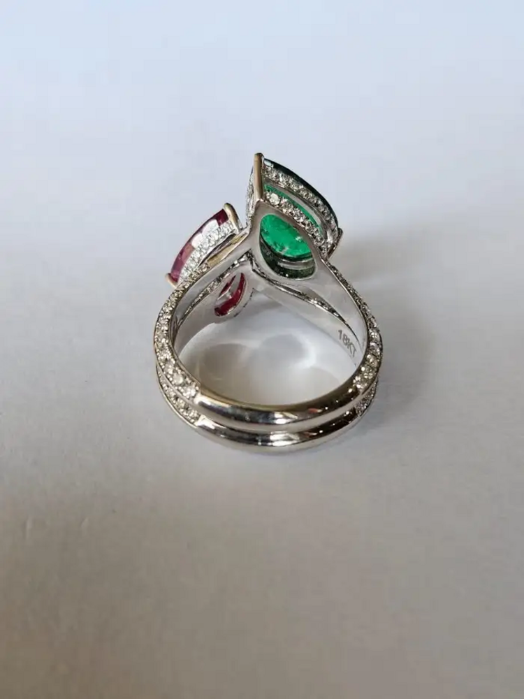 Natural Pear Shape Zambian Emerald & Mozambique Ruby Wedding Ring - 18k White Gold Diamond Ring